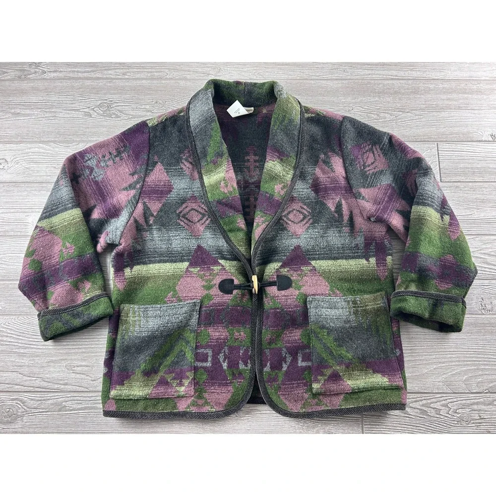 Coldwater Creek Southwestern Wool Blend Toggle Jacket Purple Green Geometric L